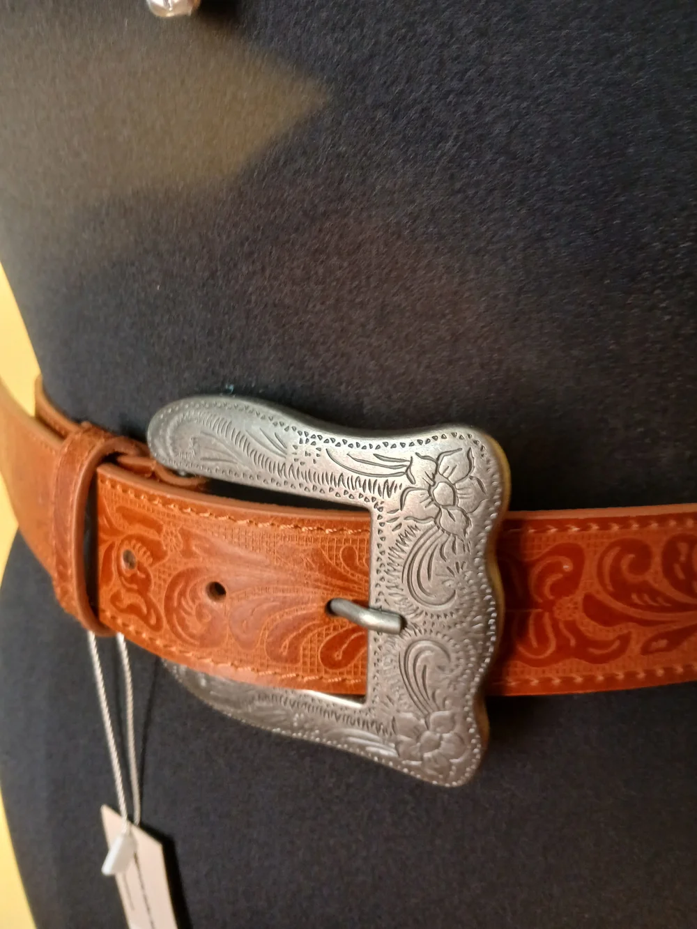 Western Tooled Brown Leather Belt with Ornate Silver Buckle
